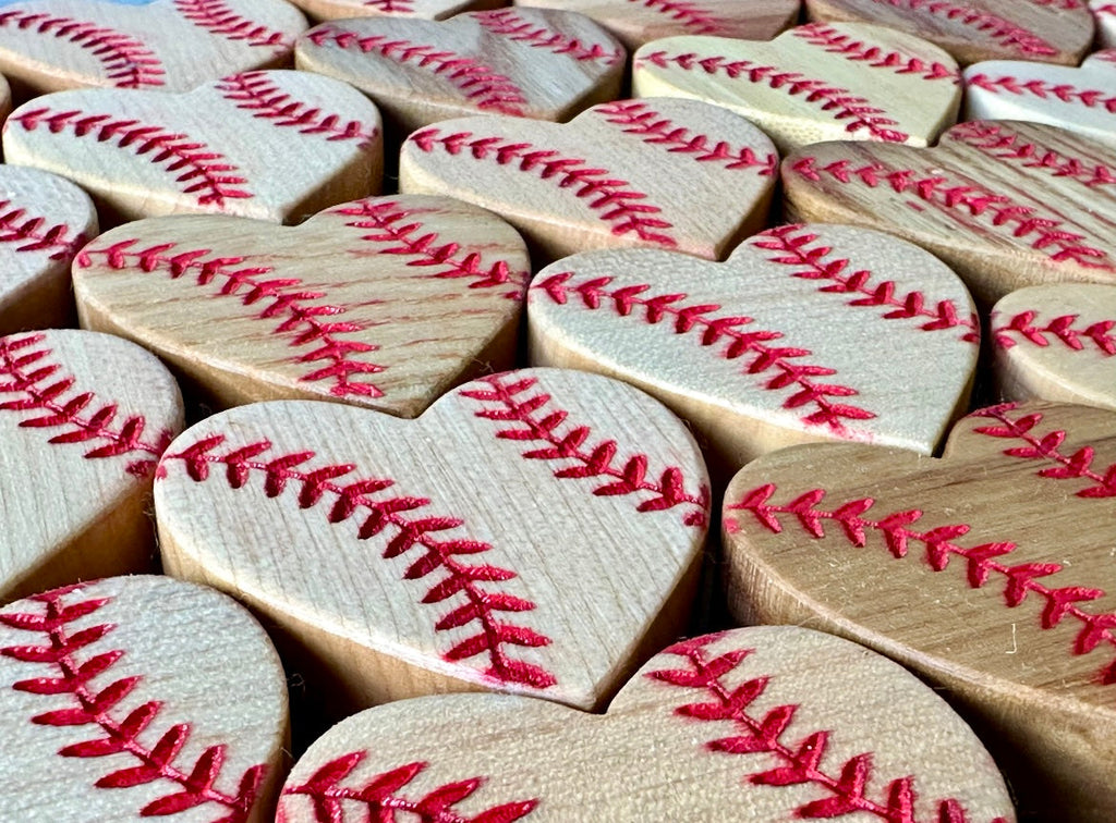 Interior Bat Wood Hearts with Red Baseball Seams Engraving