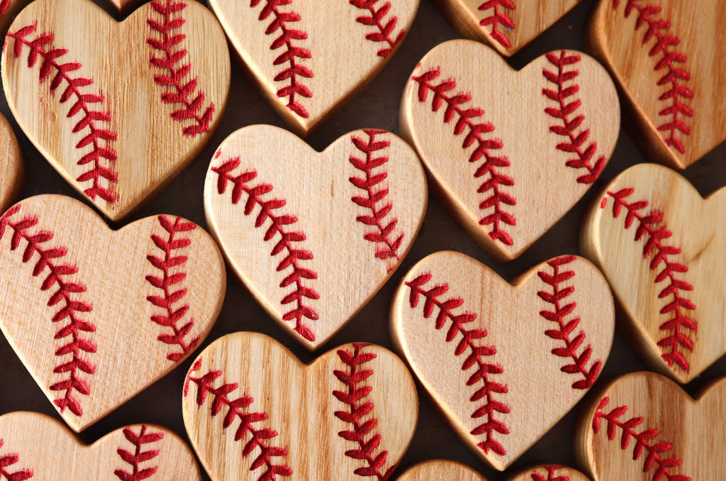 Interior Bat Wood Hearts with Red Baseball Seams Engraving