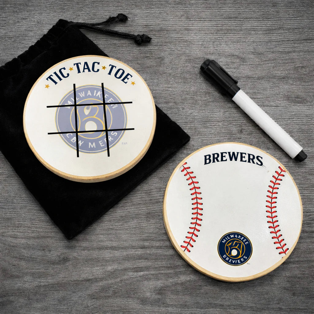 Milwaukee Brewers Portable Dry Erase Game Board - 6.5" Double-Sided Wooden Tic Tac Toe Travel Set with Marker & Bag