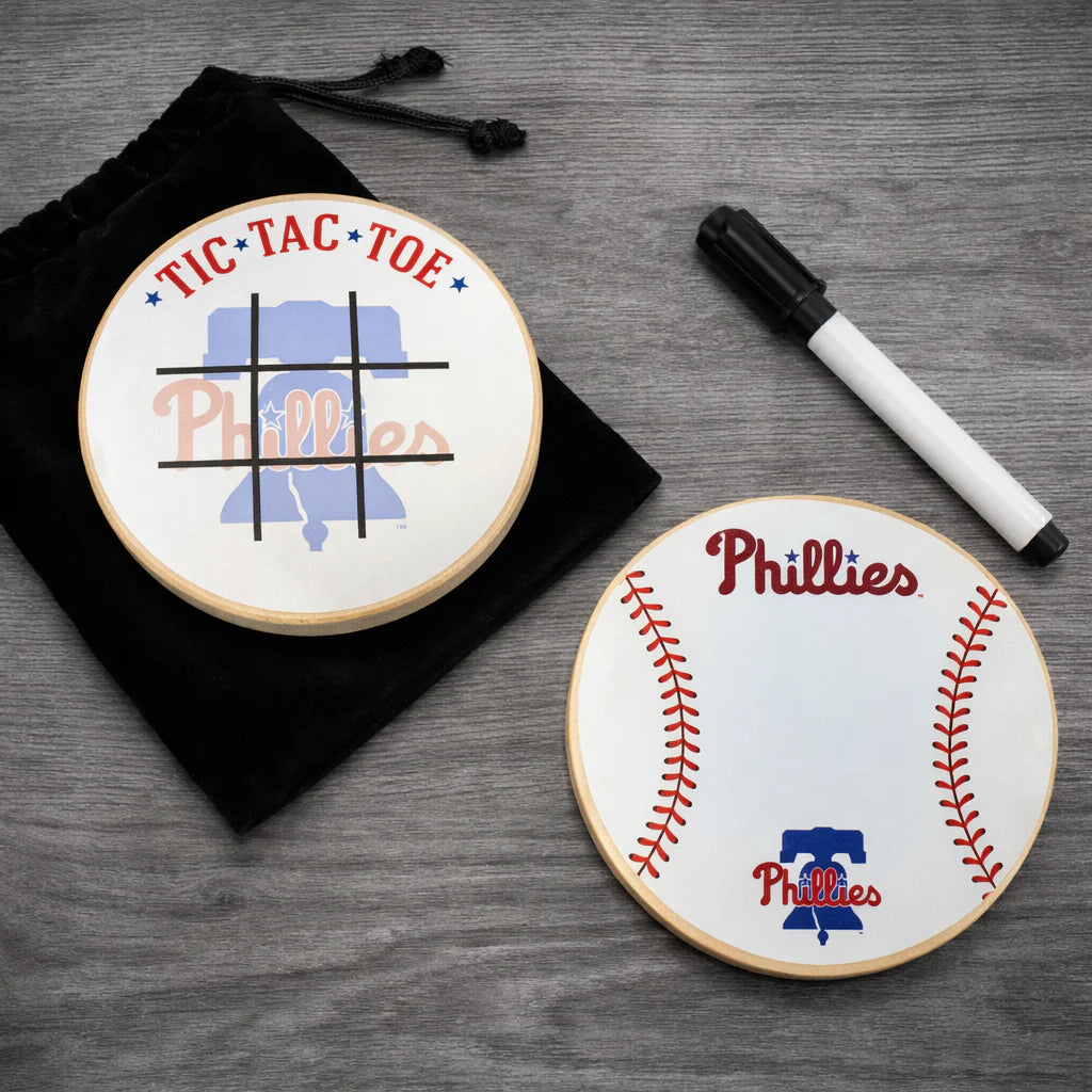 Philadelphia Phillies Portable Dry Erase Game Board - 6.5" Double-Sided Wooden Tic Tac Toe Travel Set with Marker & Bag