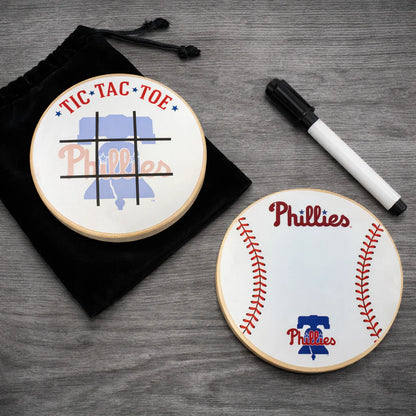 Philadelphia Phillies Portable Dry Erase Game Board - 6.5" Double-Sided Wooden Tic Tac Toe Travel Set with Marker & Bag