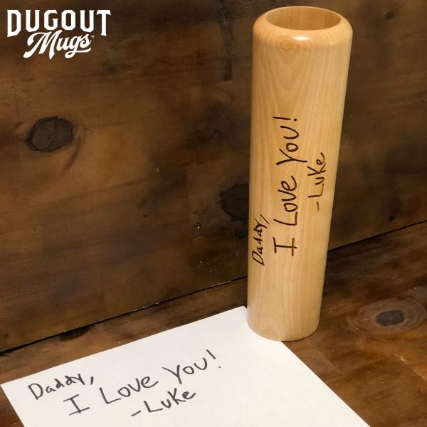 handwritten message baseball bat mug
